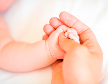 Mano de un adulto sujetando suavemente la mano de un bebé en un gesto de cuidado.